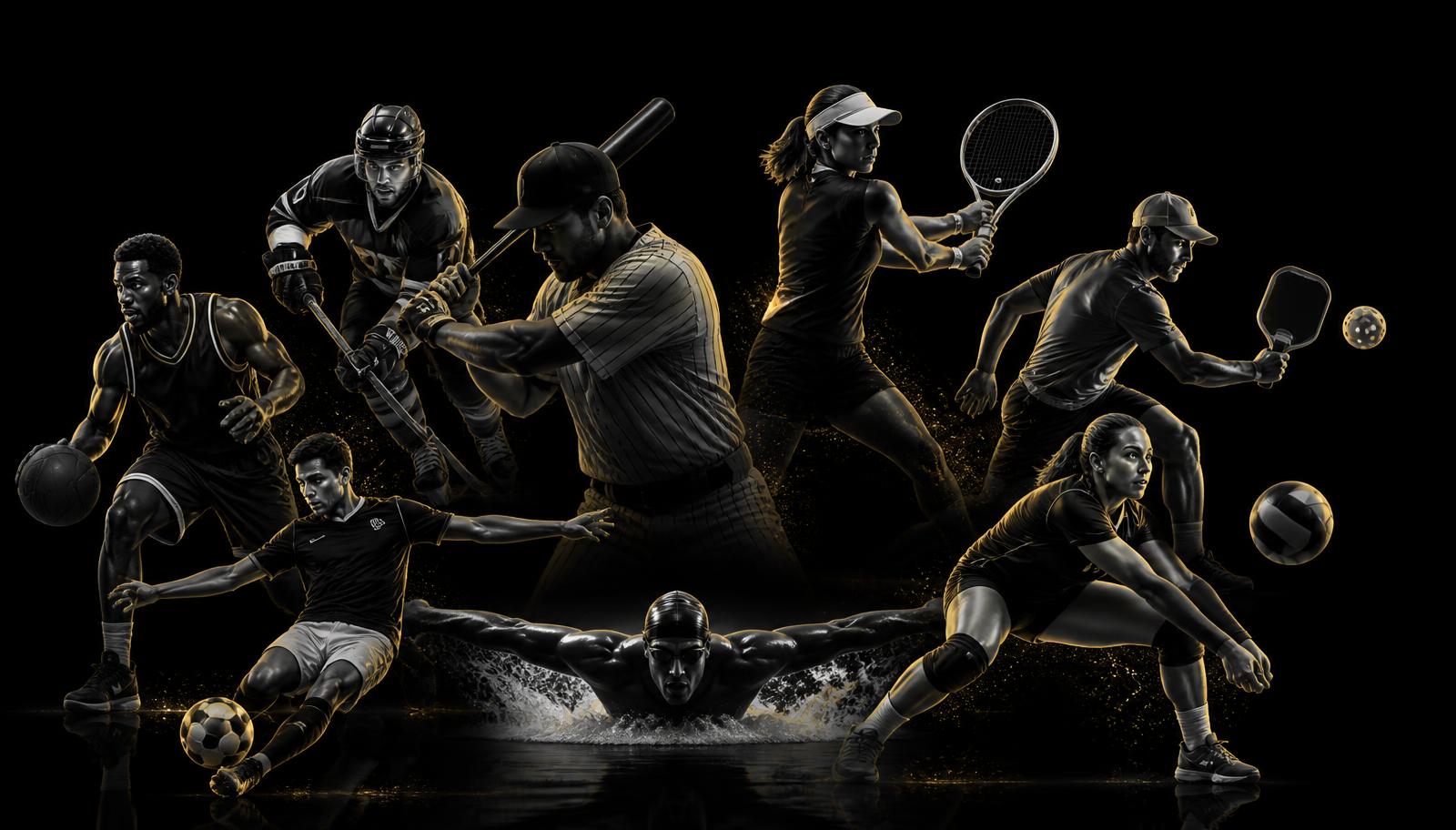 Basketball, hockey, baseball, tennis, pickleball, soccer, swimming and volleyball athletes in high-contrast black and white